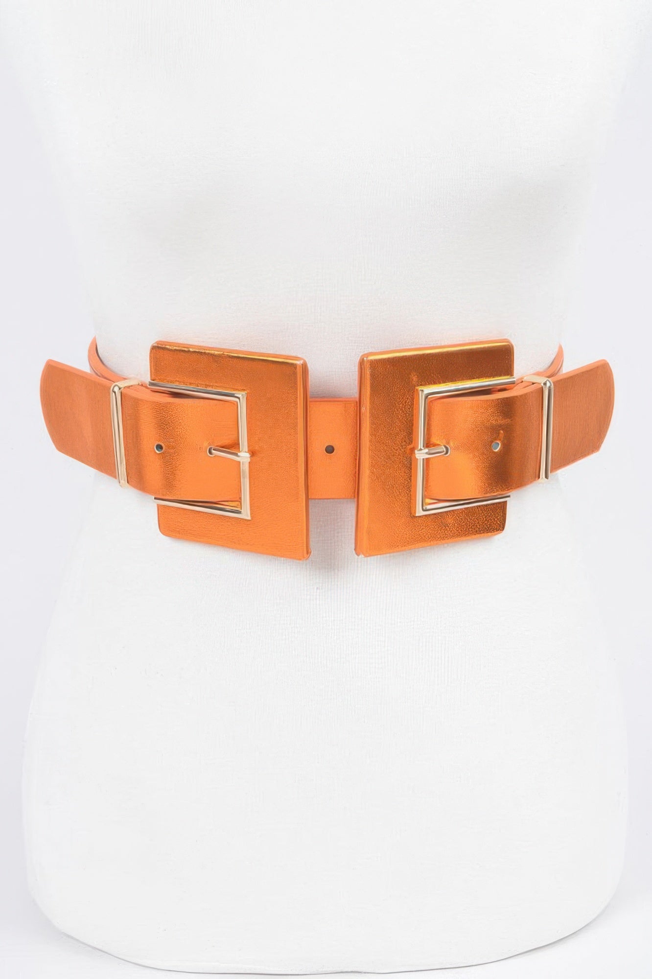 Metallic two-buckle elastic belt by Toshe Women's Fashions, featuring shiny metallic accents and adjustable elastic strap.
