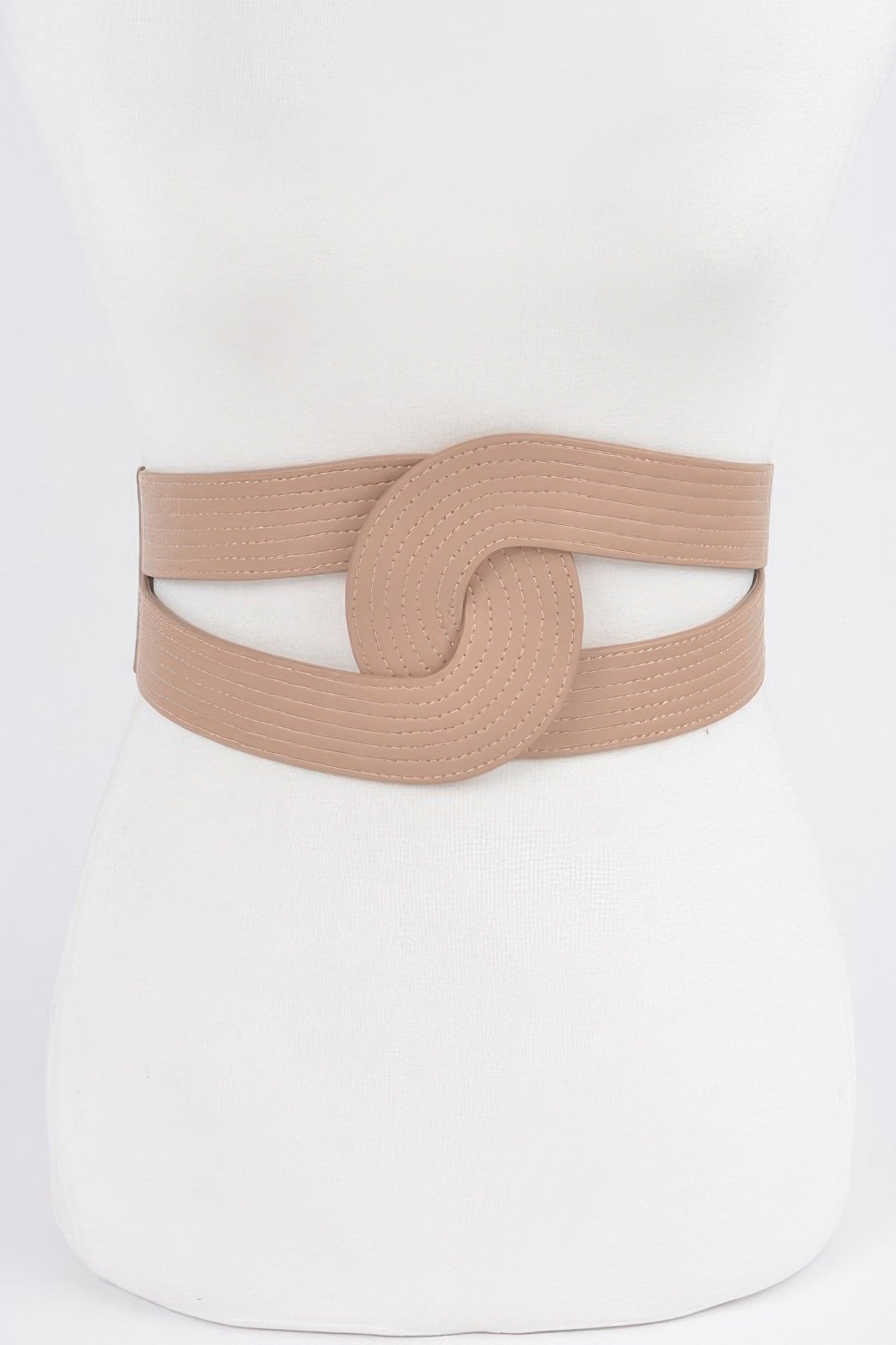 Faux leather elastic belt by Toshe Women's Fashions, brown with adjustable elastic strap and metal buckle.