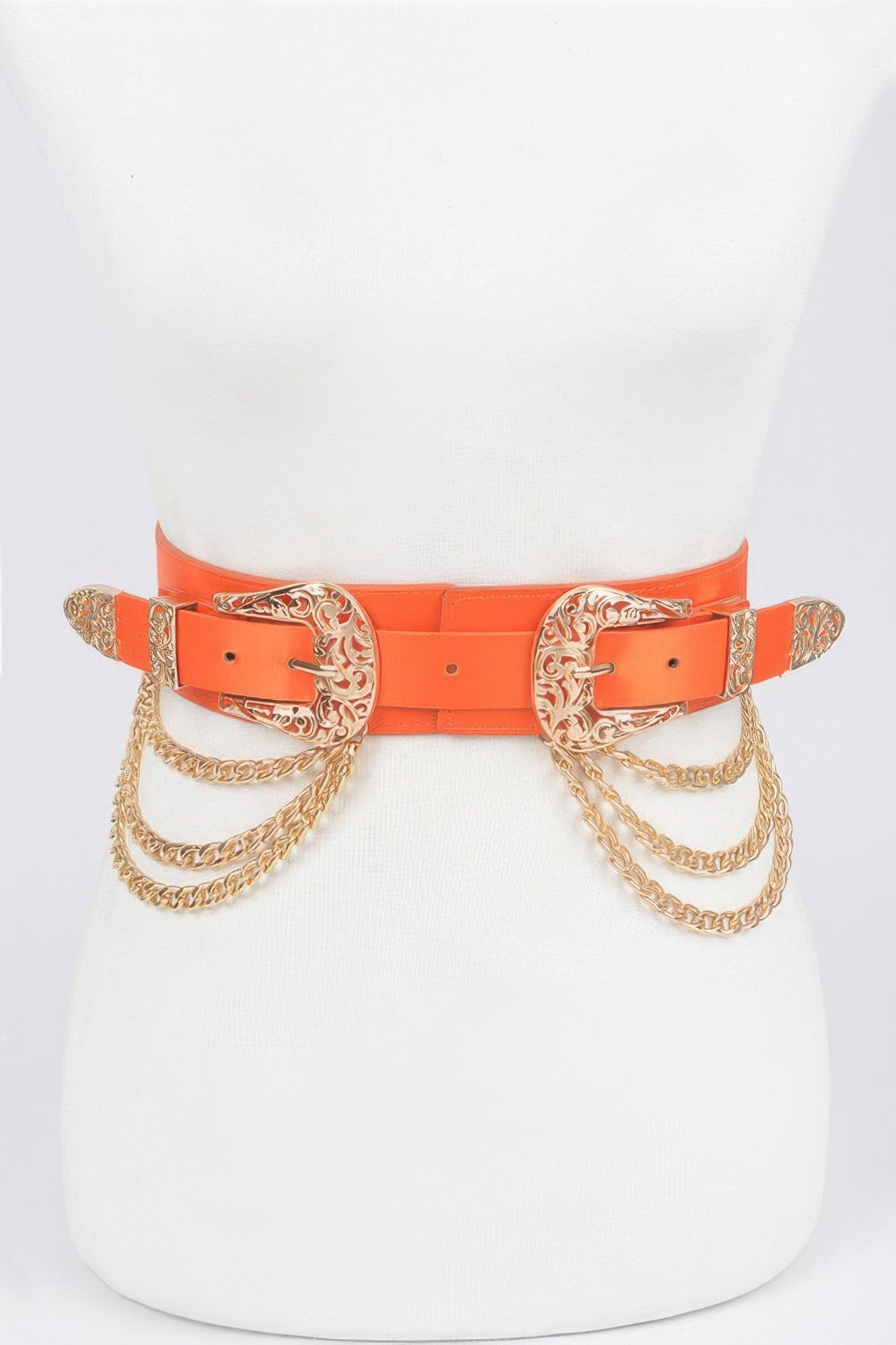 Vegan elastic belt with metal chain and buckle, stylish accessory from Toshe Women's Fashions, shown on a white background.