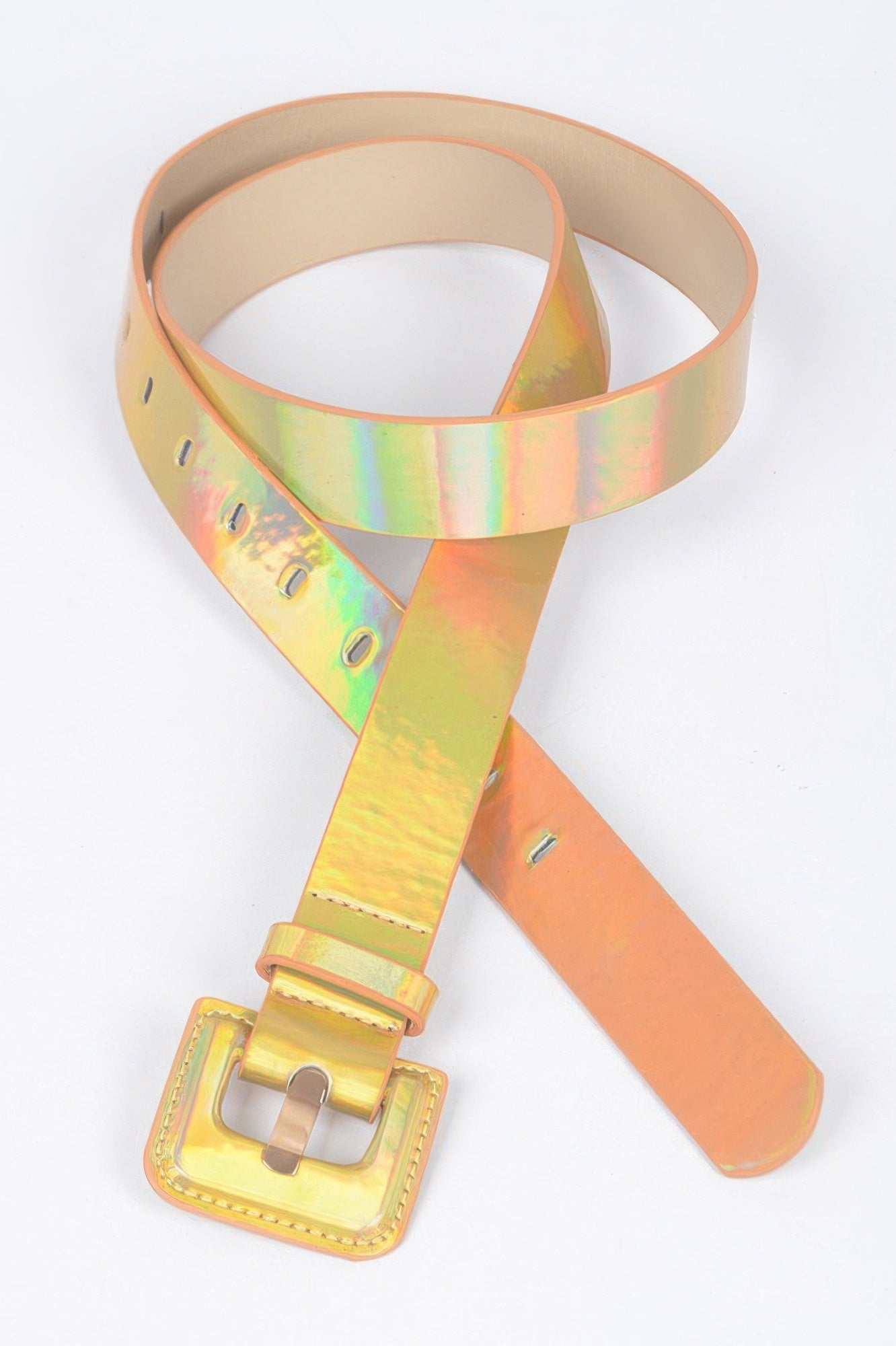 Hologram metallic belt from Toshe Women's Fashions with a shiny, reflective finish and adjustable buckle, shown on a white background.