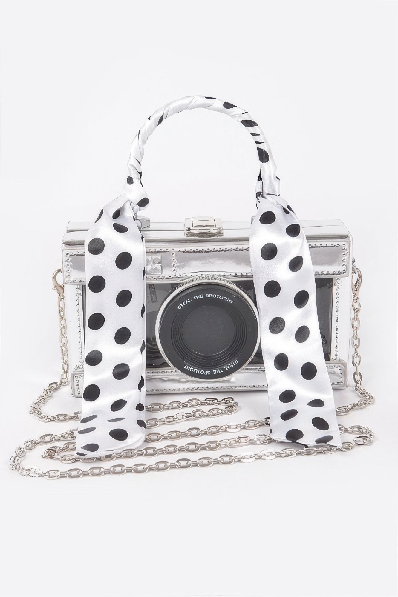 Vegan leather clear top-handle camera clutch bag with mirror detail and sleek design, perfect for stylish outings.