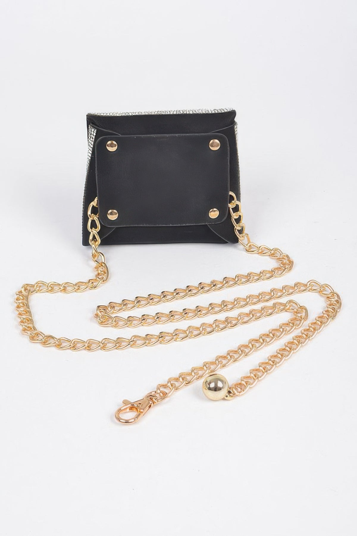 Rhinestone mini bag with chain belt from Toshe Women's Fashions, featuring sparkling rhinestones and a stylish chain strap.
