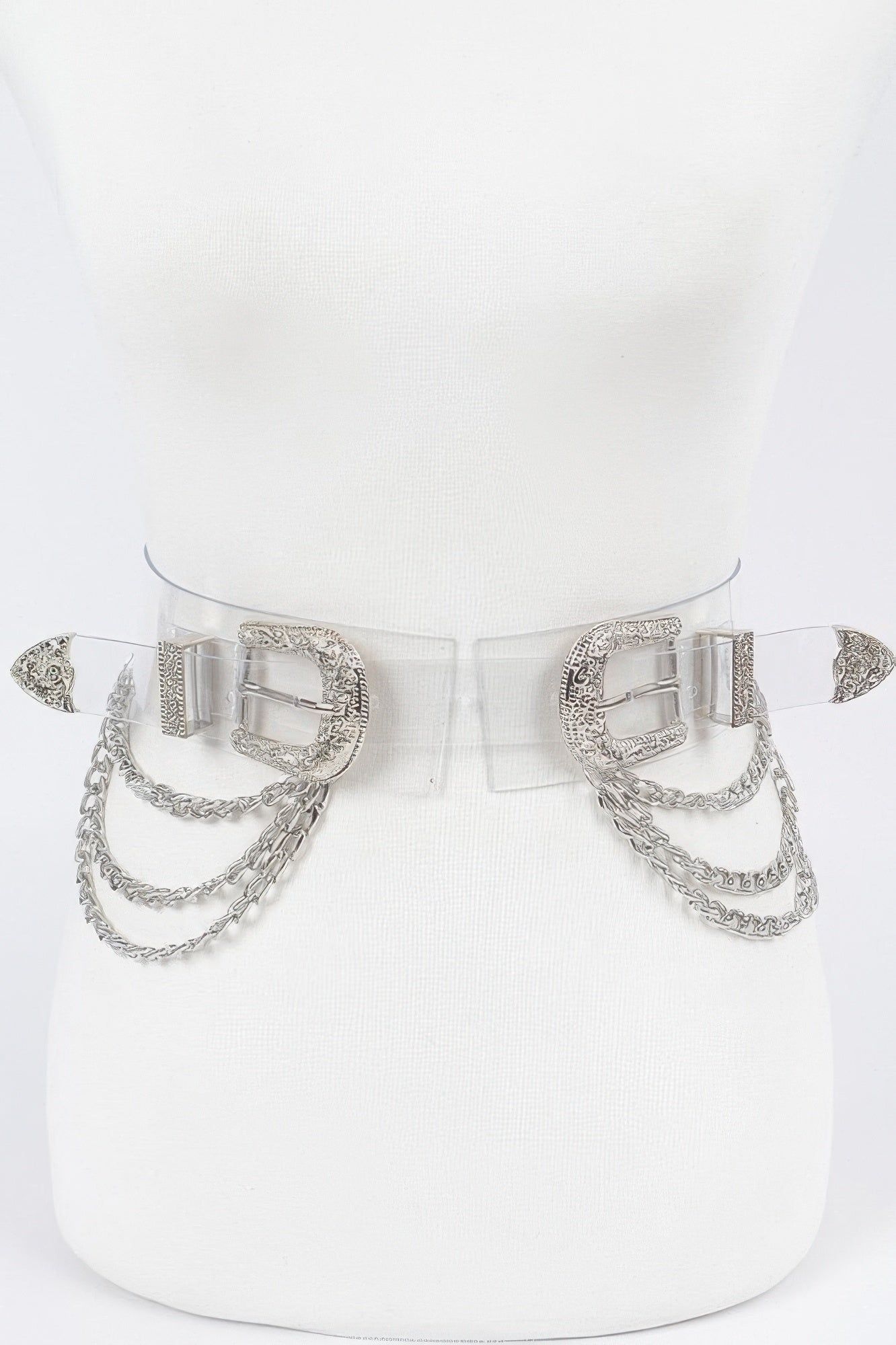 Metal buckle chain belt from Toshe Women's Fashions featuring a sleek design and adjustable chain with a metallic buckle.