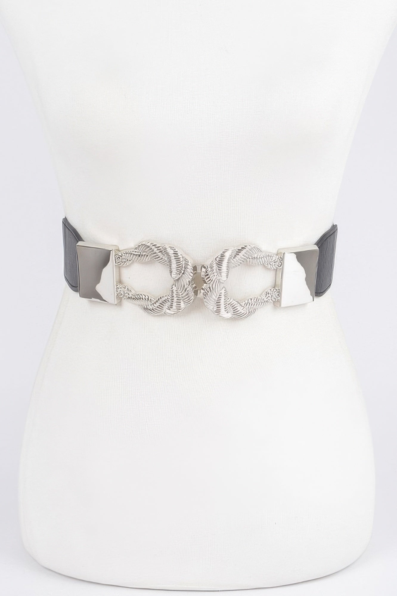 Toshe Women's Fashions Twist Link Cuff Elastic Belt with interlocking metal links, adjustable for waist or hips.