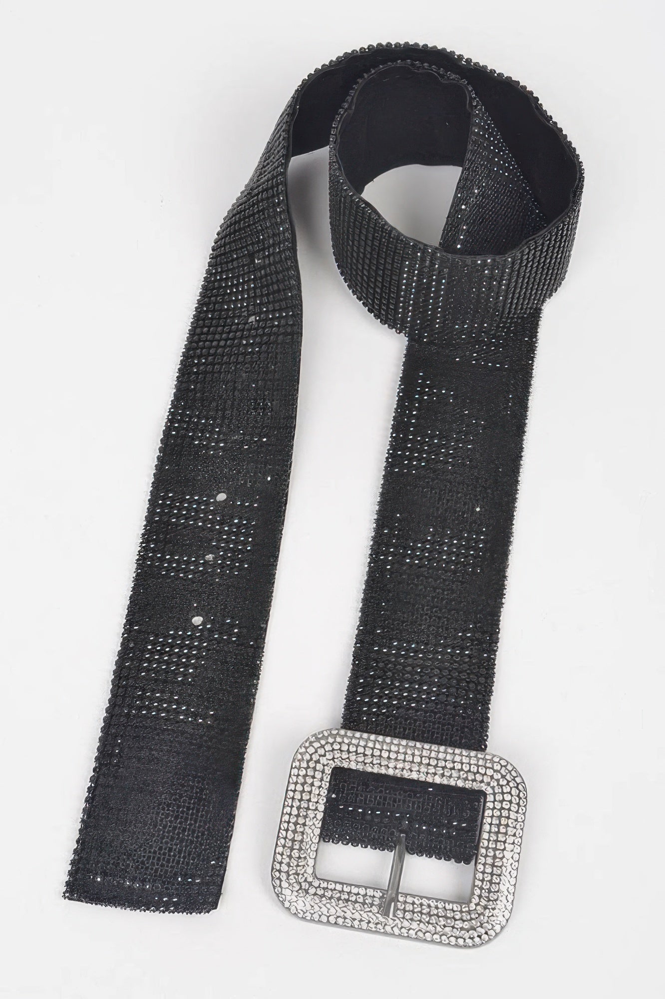 Shiny rhinestone belt from Toshe Women's Fashions featuring sparkling stones and a sleek buckle design.