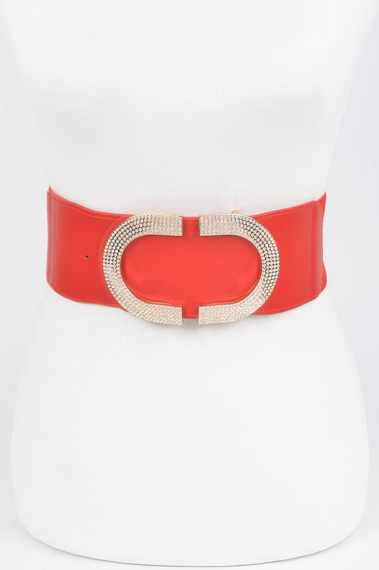 Rhinestone buckle stretch belt from Toshe Women's Fashions featuring sparkling rhinestone details and a flexible fit.