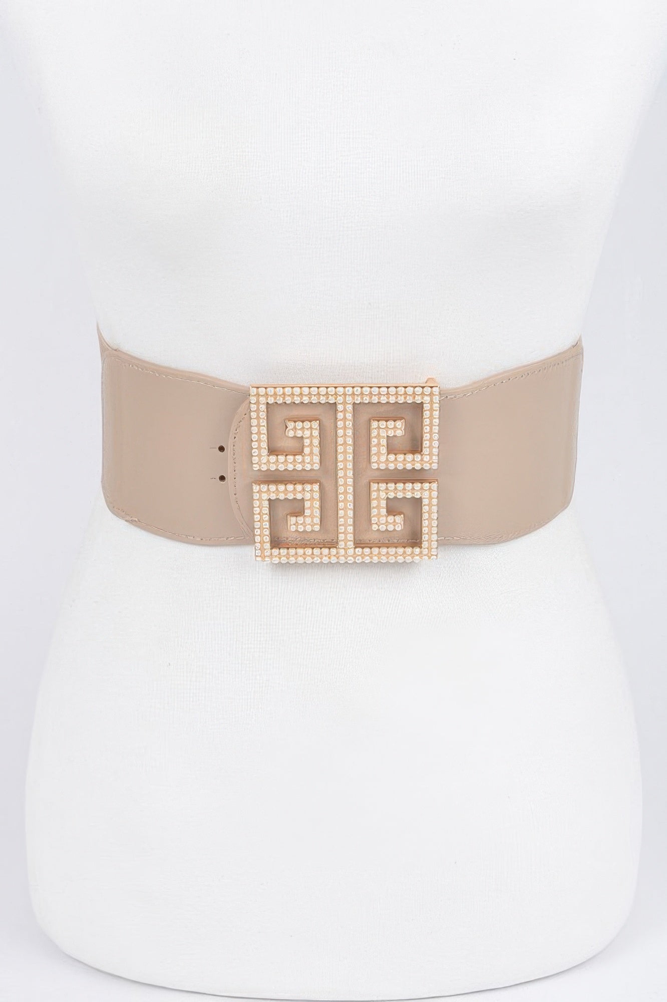 Faux pearl buckle stretch belt by Toshe Women's Fashions featuring a stylish pearl-adorned buckle and elastic stretch design.