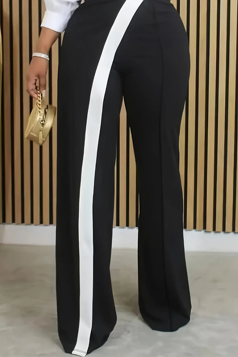 White Strip Accent Black Wide Leg Pants Toshe Women's Fashions