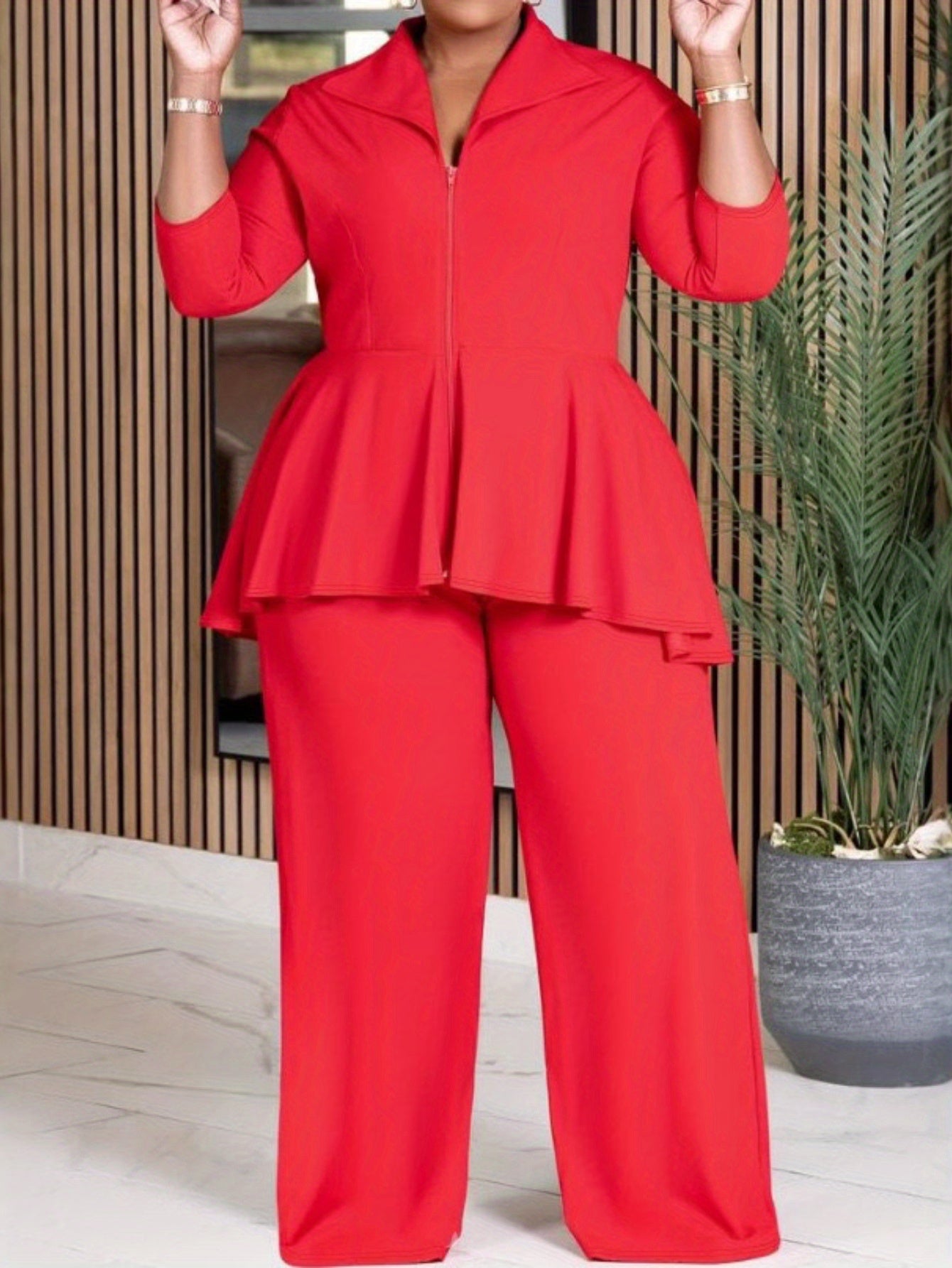 Collared Lapel Zipper Flare Waist Top & Wide-Leg Pants Set