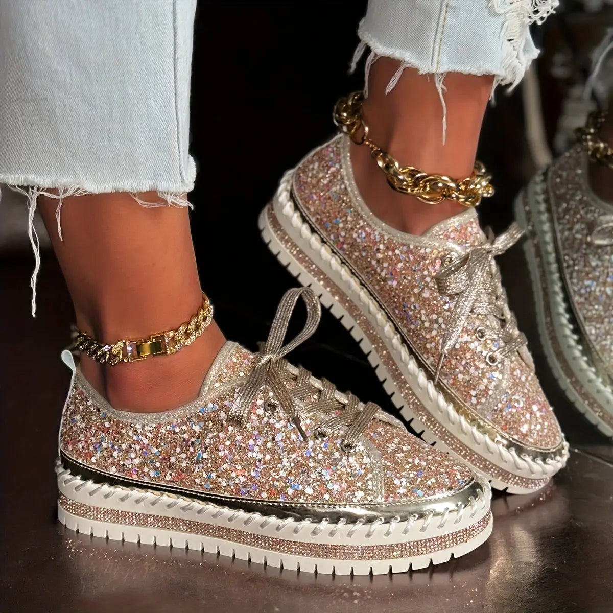 Rhinestone Glitter Low-Top Sneakers Toshe Women's Fashions