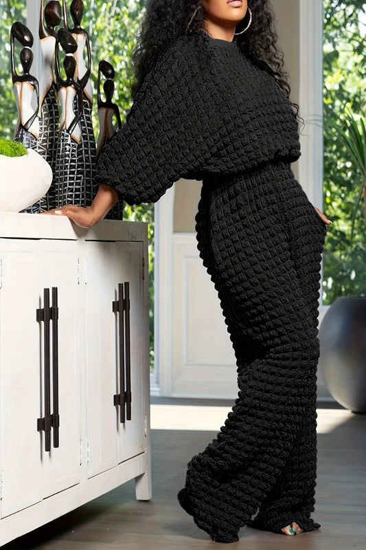 Black Comfy Bubble Cloth Two-Piece Set – Relaxed Top & Wide-Leg Pants