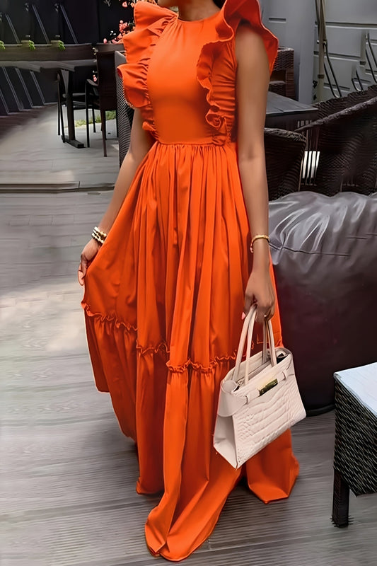 Bright Orange Cinched Waist Midi Dress – Flowy, Feminine & Sun-Kissed