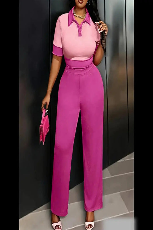 short-sleeved two-piece suit, V-neck button straight pants, comfortable . Toshe Women's Fashions