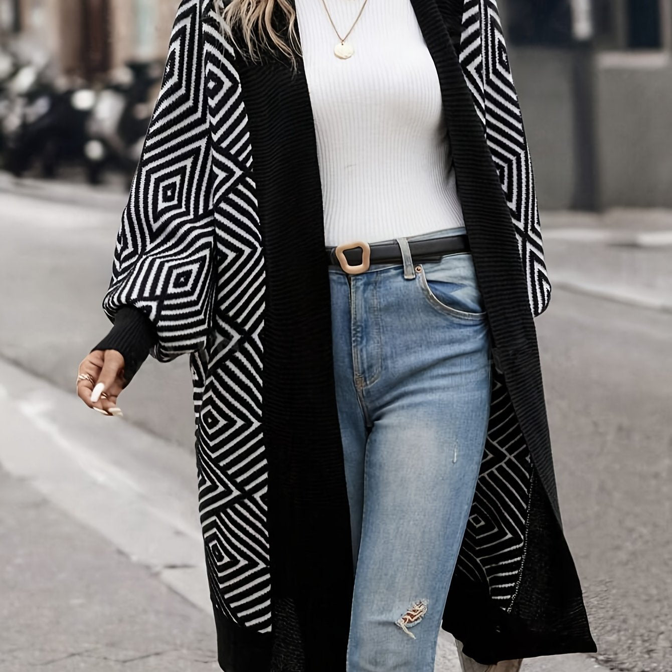 Black/White Acrylic Knit Open-Front Geometric Pattern Cardigan