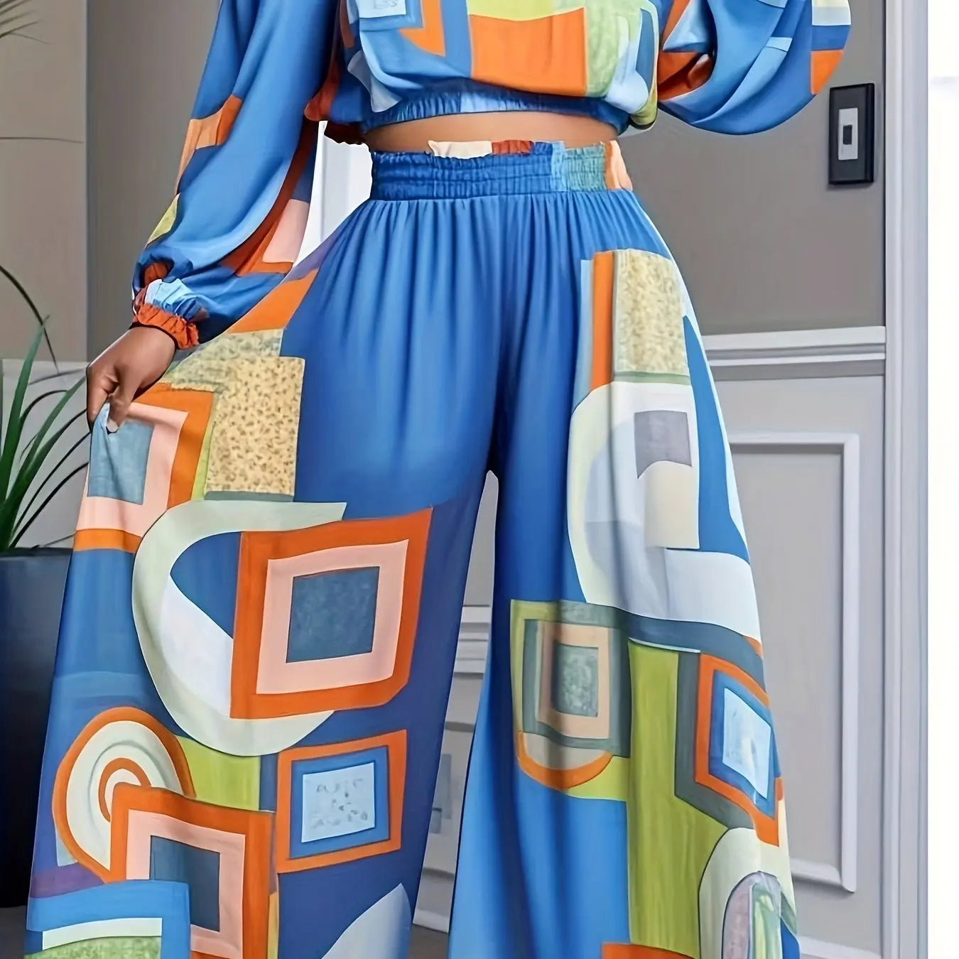 Colorblock Boho Crop Top and Wide Leg Suit Toshe Women's Fashions