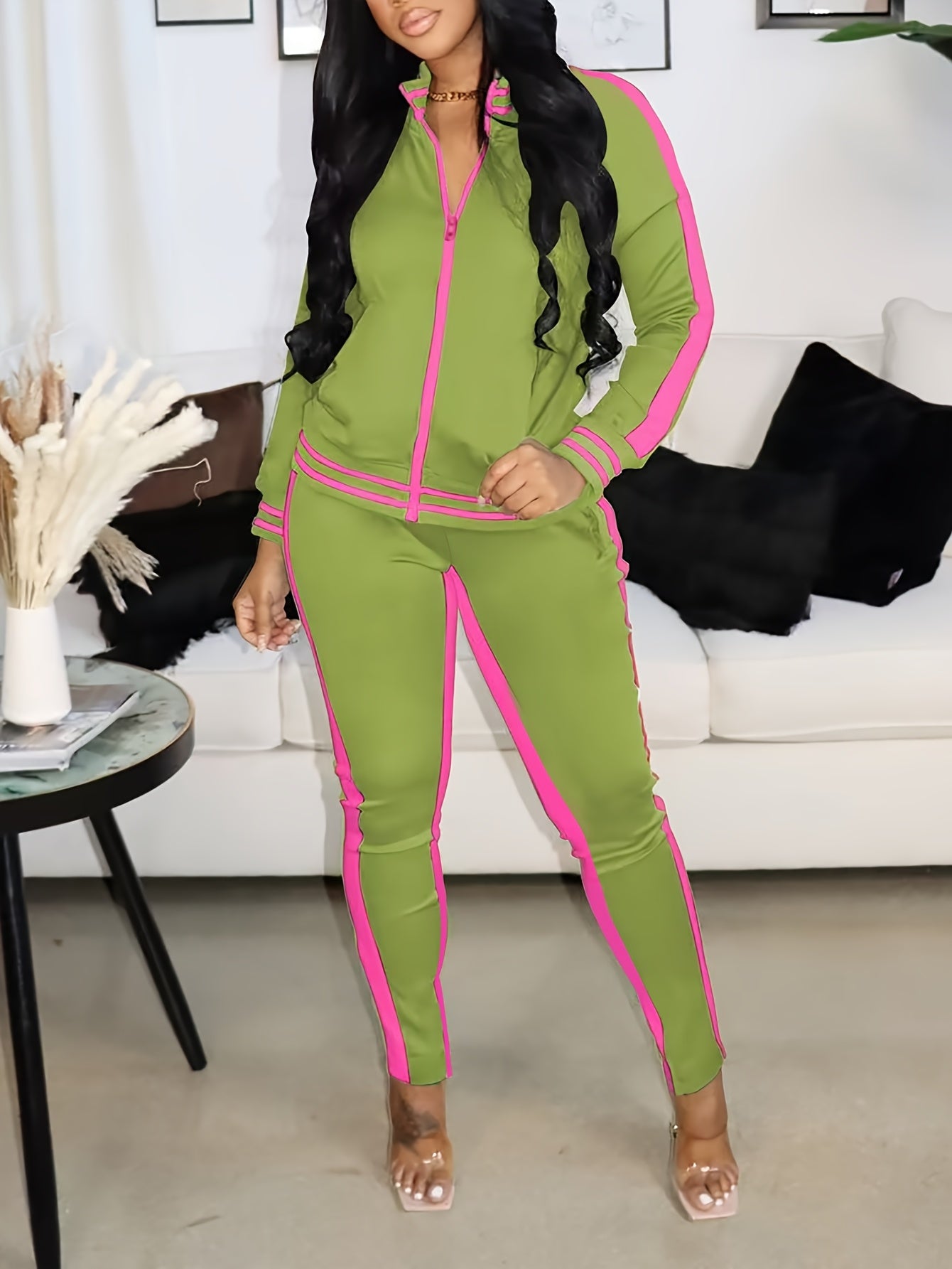 Women’s Pink & Green Zip-Up Jacket + Striped Bell Pants Set