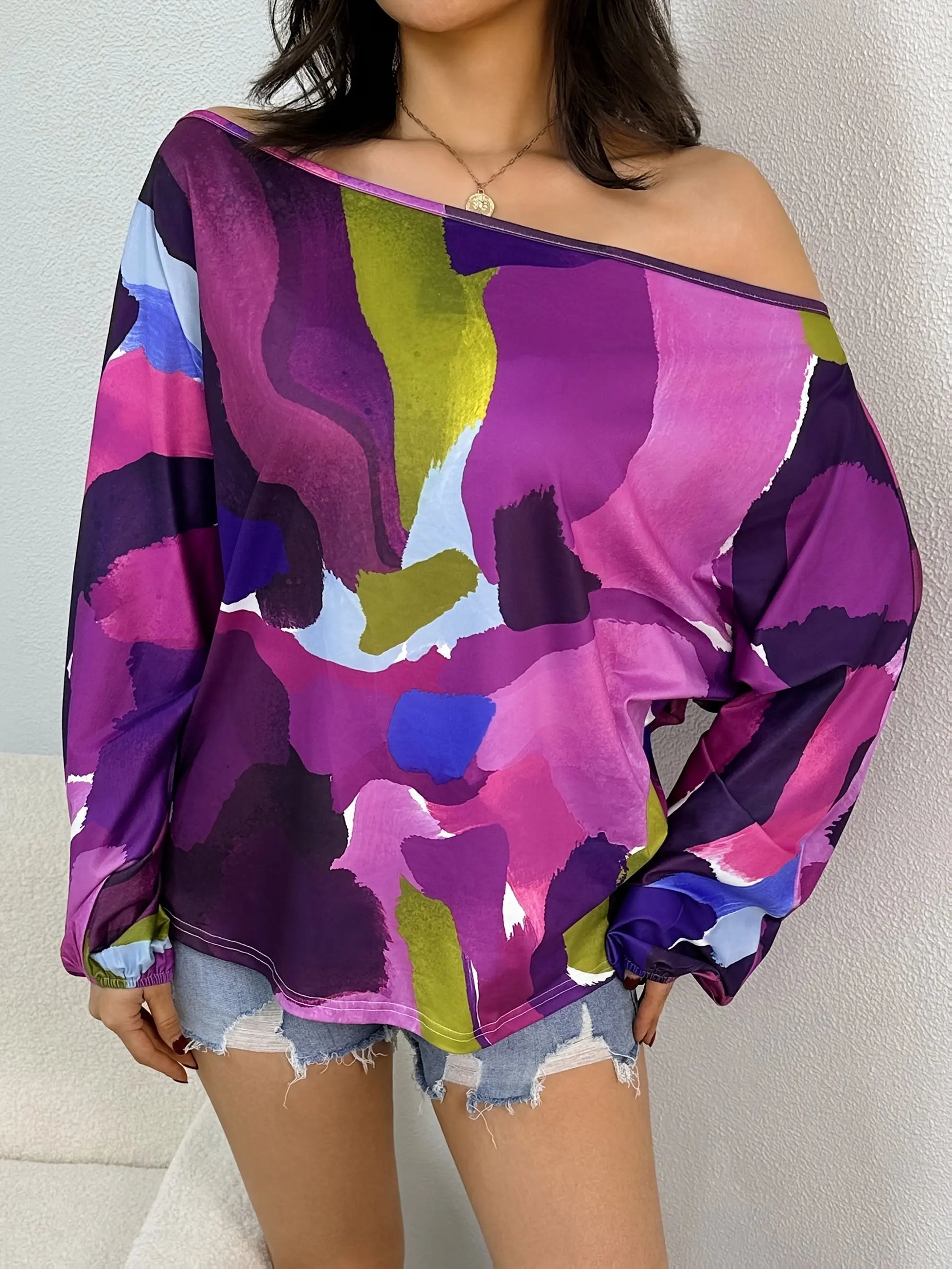 Purple Paint Print Off-Shoulder Blouse Toshe Women's Fashions