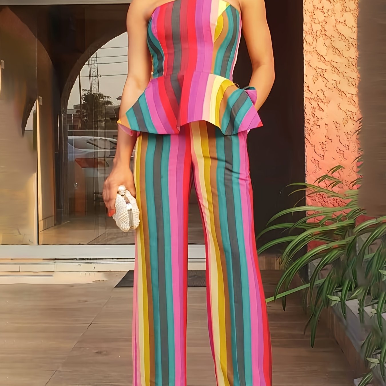 Chic Halter Strap Open Shoulder Top & Straight-Leg Trouser Set – Elegant & Flattering 2-Piece Outfit