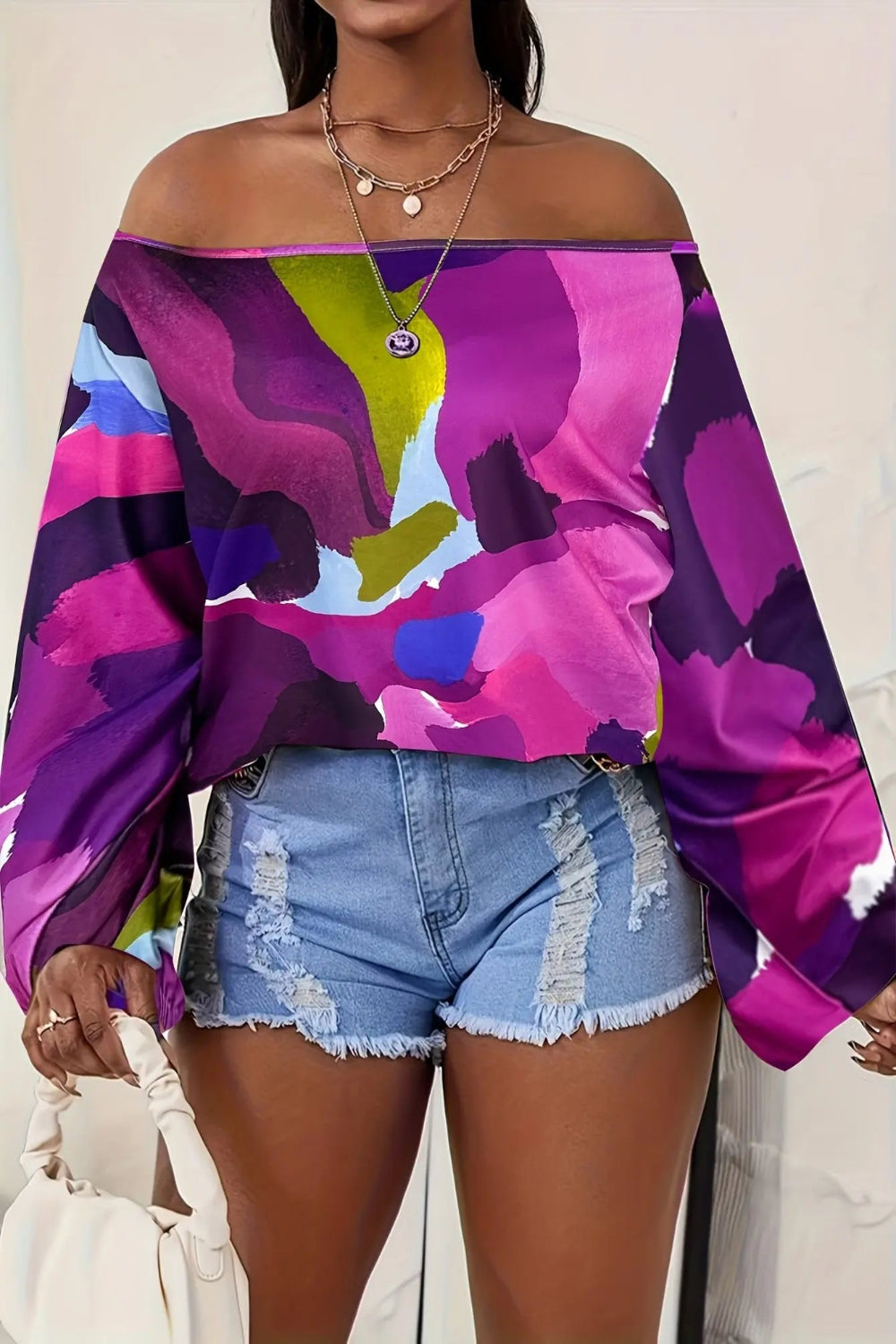 Purple Paint Print Off-Shoulder Blouse Toshe Women's Fashions