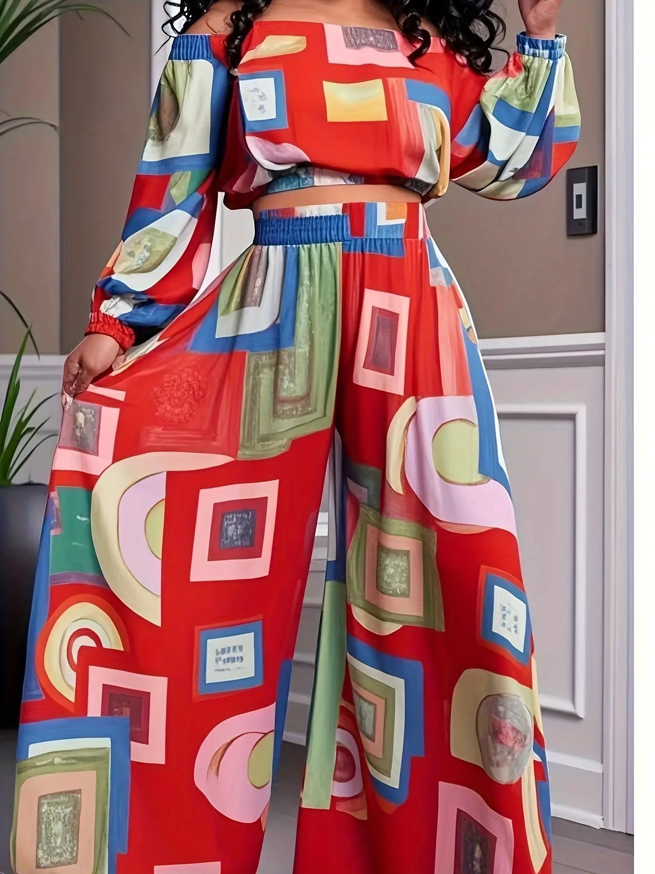 Colorblock Boho Crop Top and Wide Leg Suit Toshe Women's Fashions