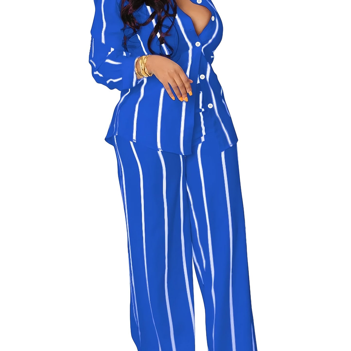 Striped Button Front Shirt with Wide-leg Trousers with Pockets