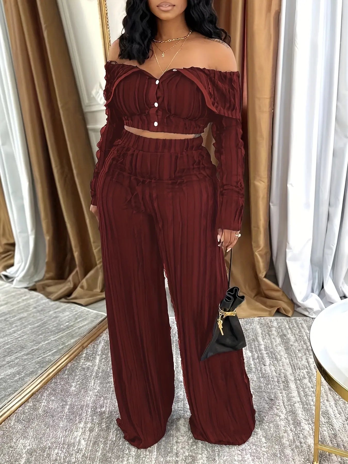 Wave Folded Collar Buttoned Crop Top and Wide Leg Pant Set Toshe Women's Fashions