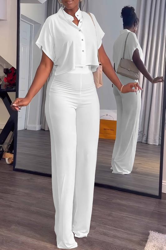 Collared Button Crop Top and Wide Leg Pant Set