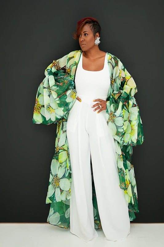 Chic Abstract Print Batwing Sleeve Cardigan