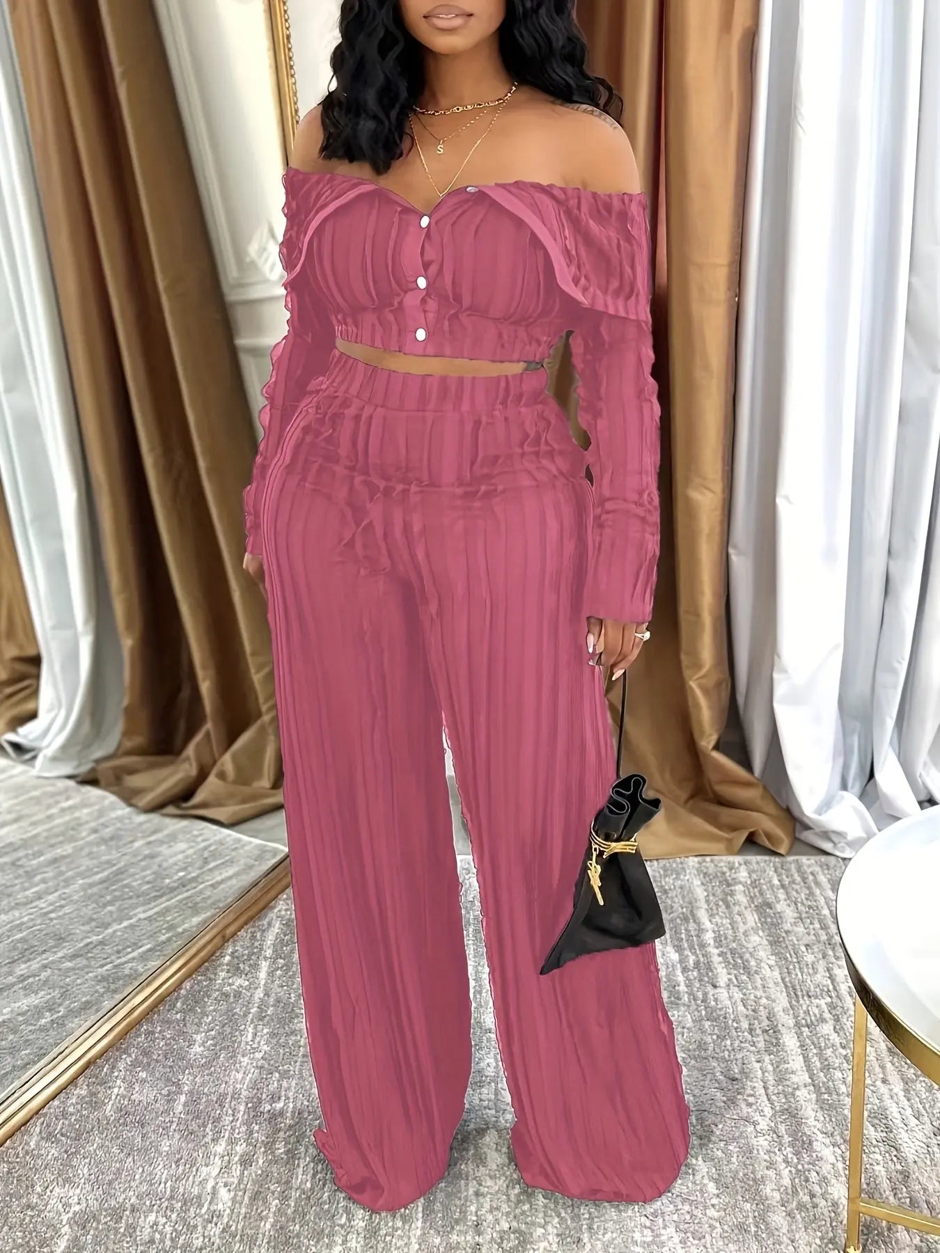 Wave Folded Collar Buttoned Crop Top and Wide Leg Pant Set Toshe Women's Fashions