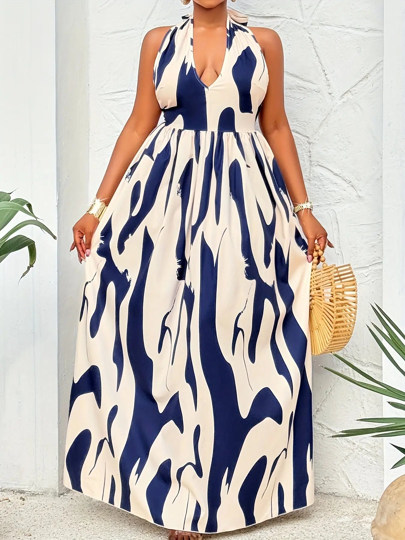 Abstract Print Halter Neck Backless Dress Toshe Women's Fashions