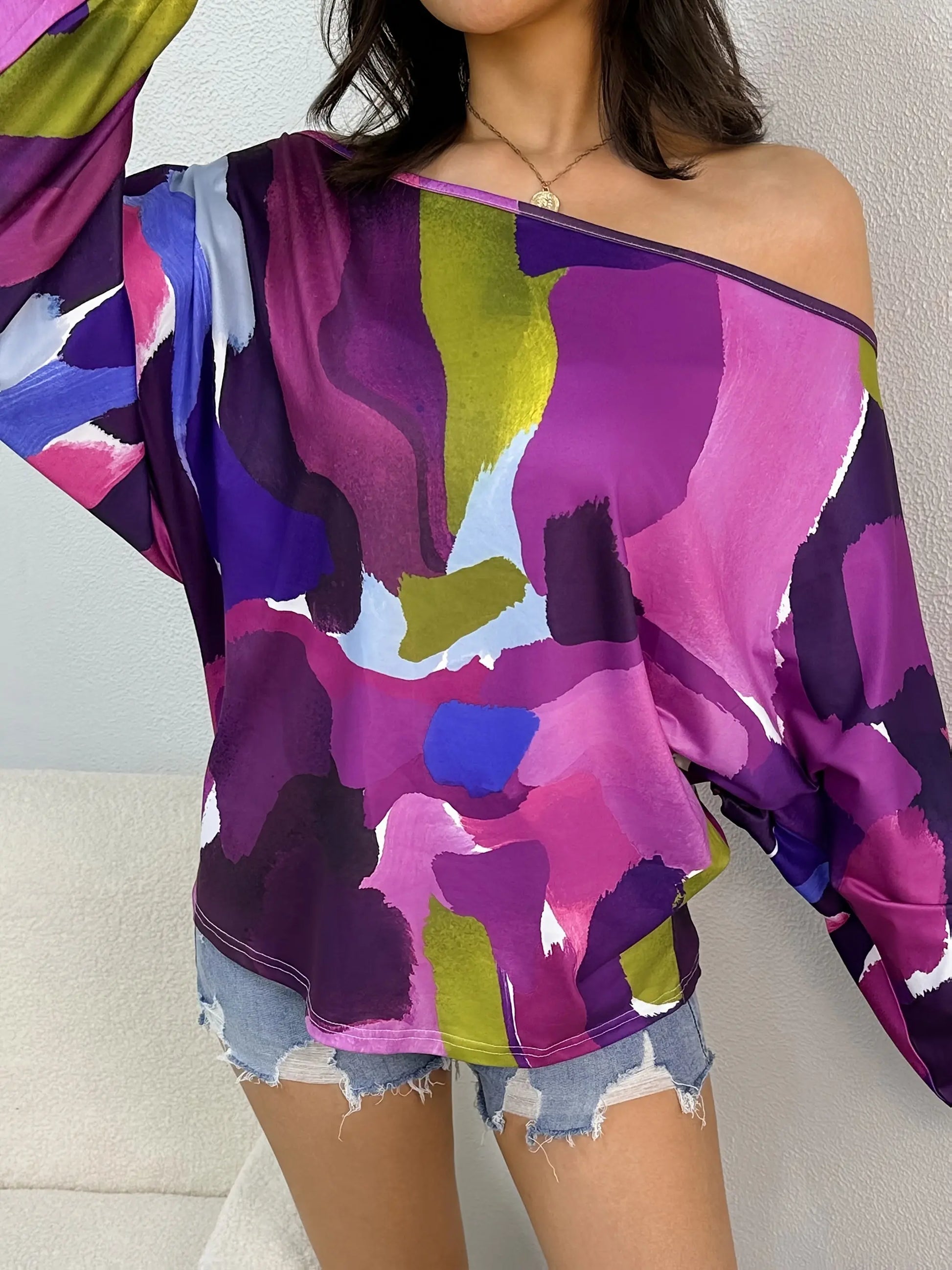 Purple Paint Print Off-Shoulder Blouse Toshe Women's Fashions