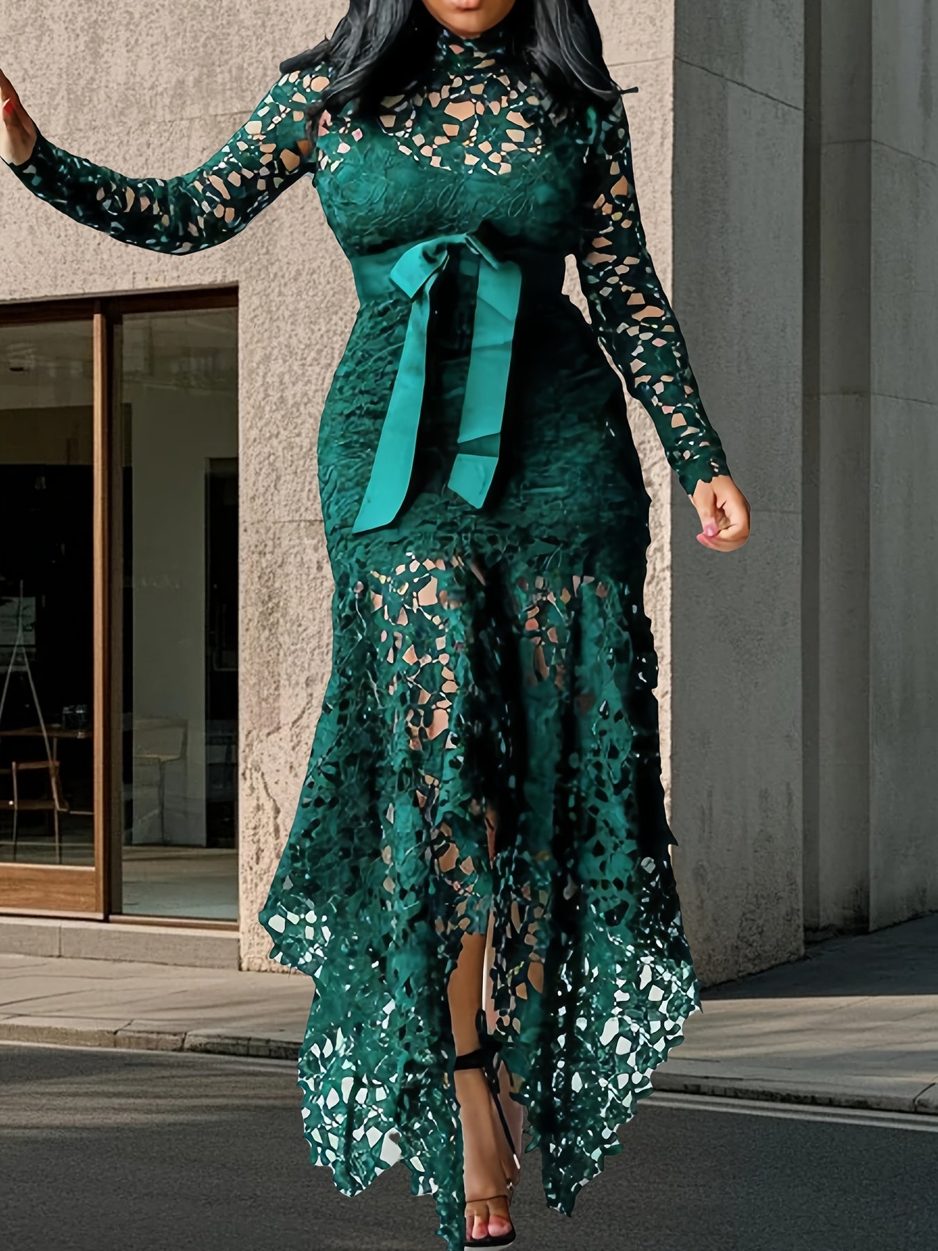 Lace Embroidered Belted Midi Dress – Asymmetrical Hem & Romantic Detailing