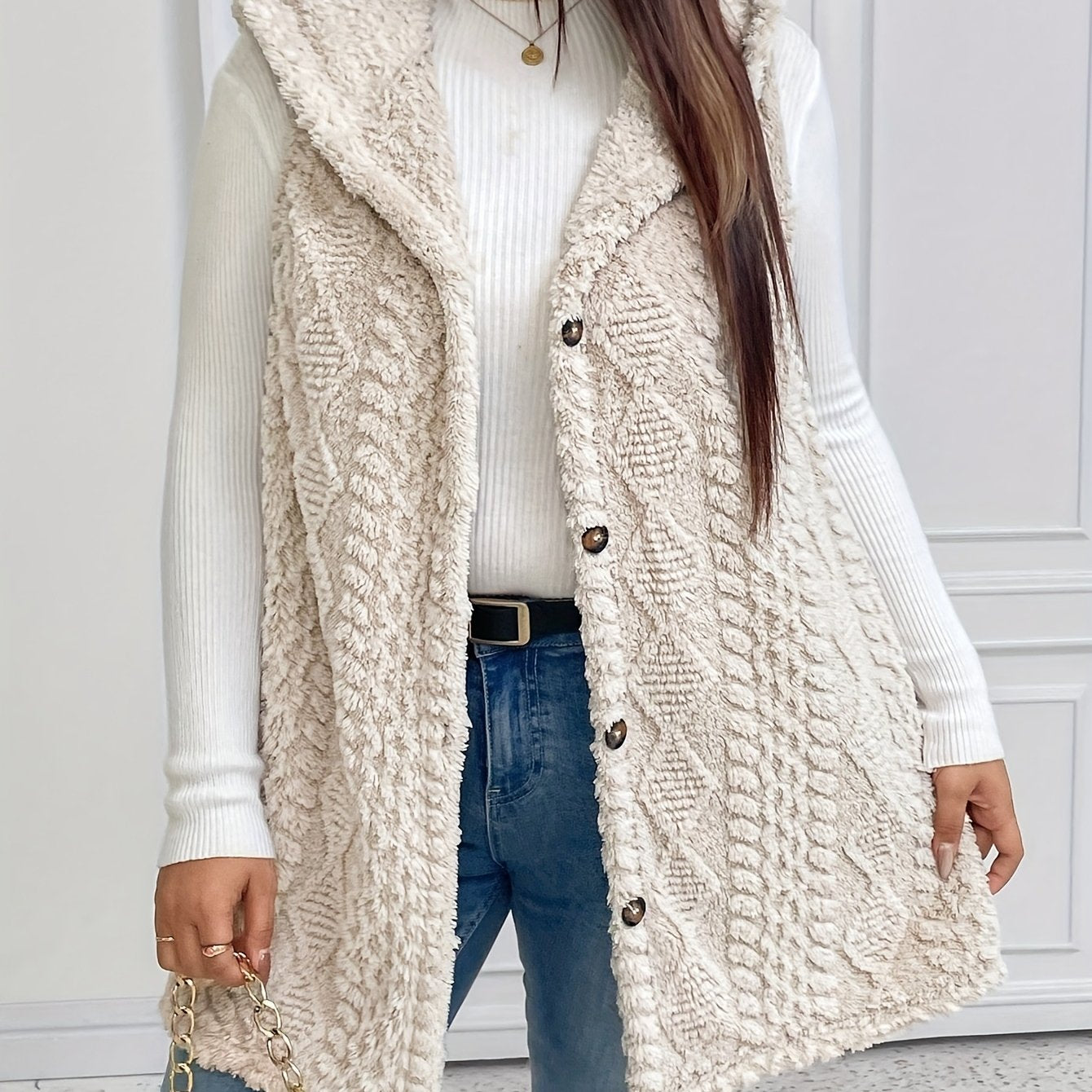 Hooded Fleece-Lined Faux Button Sleeveless Vest