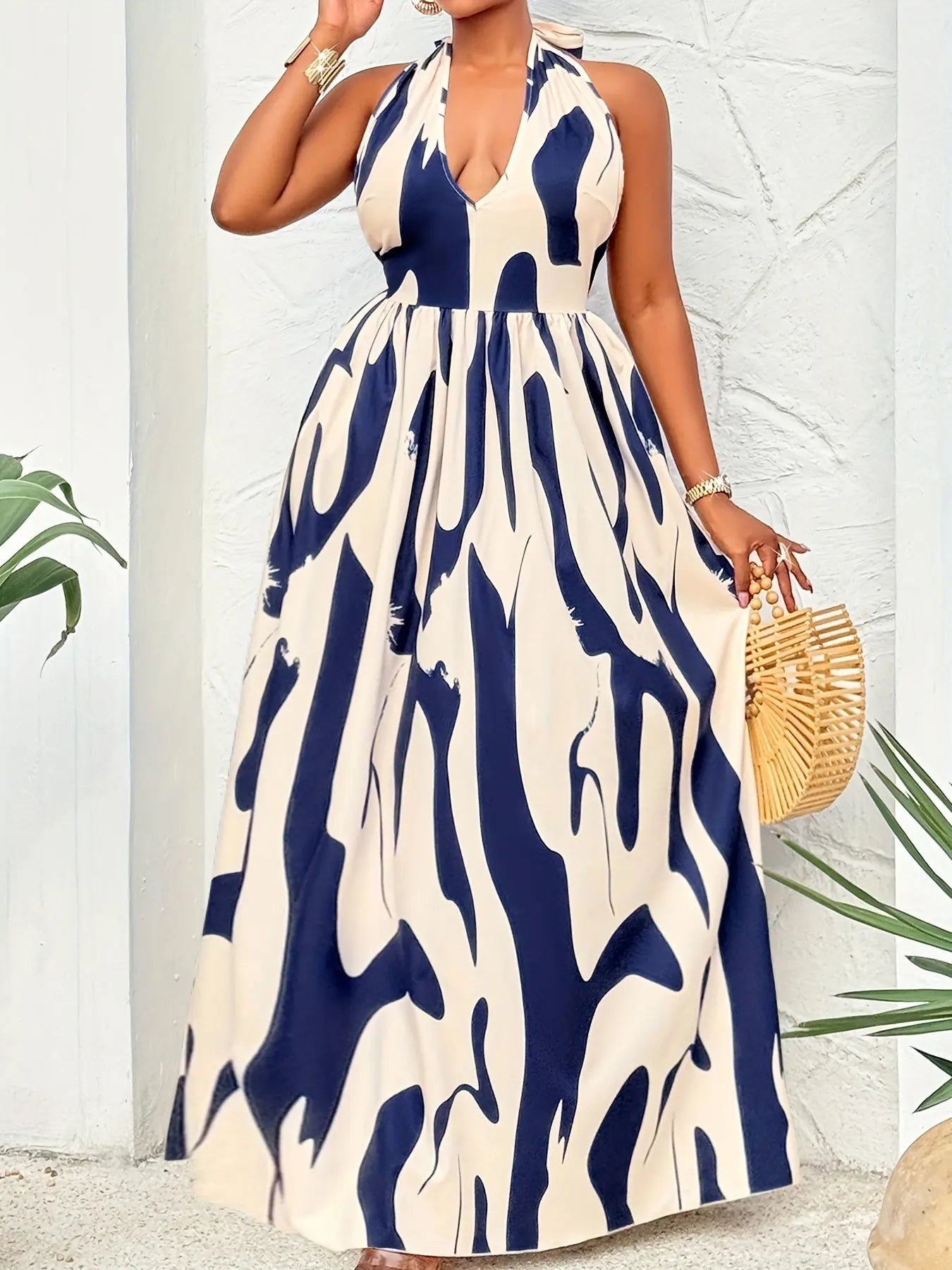 Abstract Print Halter Neck Backless Dress Toshe Women's Fashions