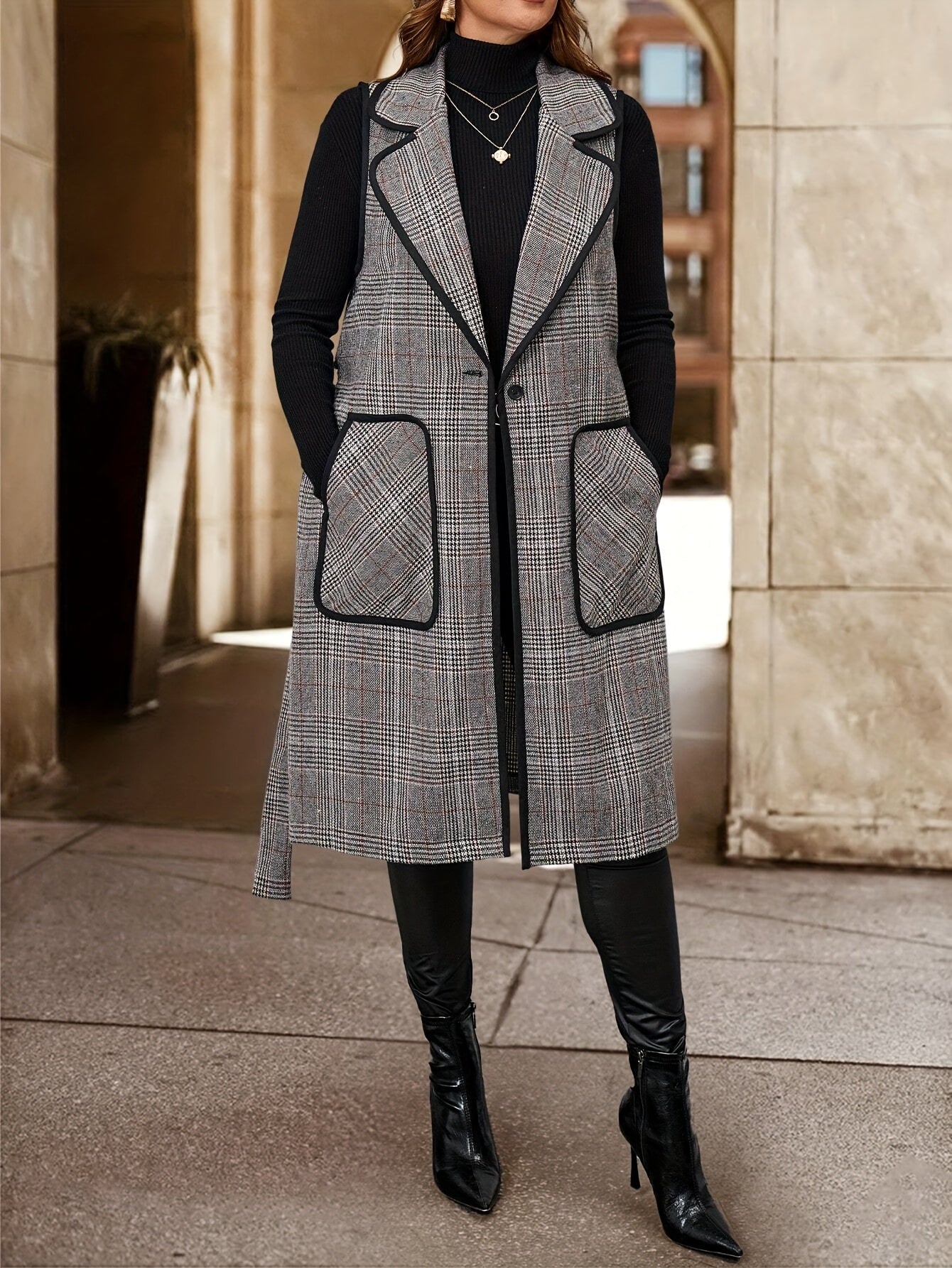 British Style Plaid Sleeveless Belted Long Vest