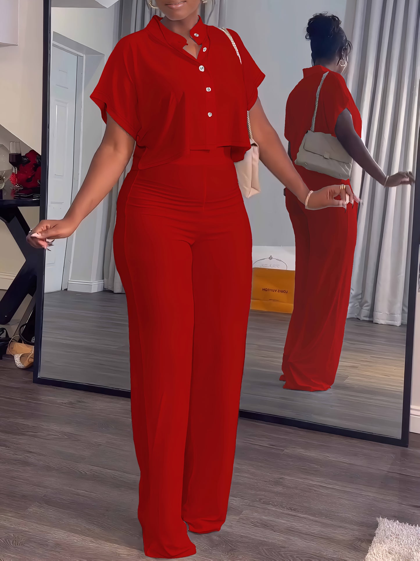 Collared Button Crop Top and Wide Leg Pant Set