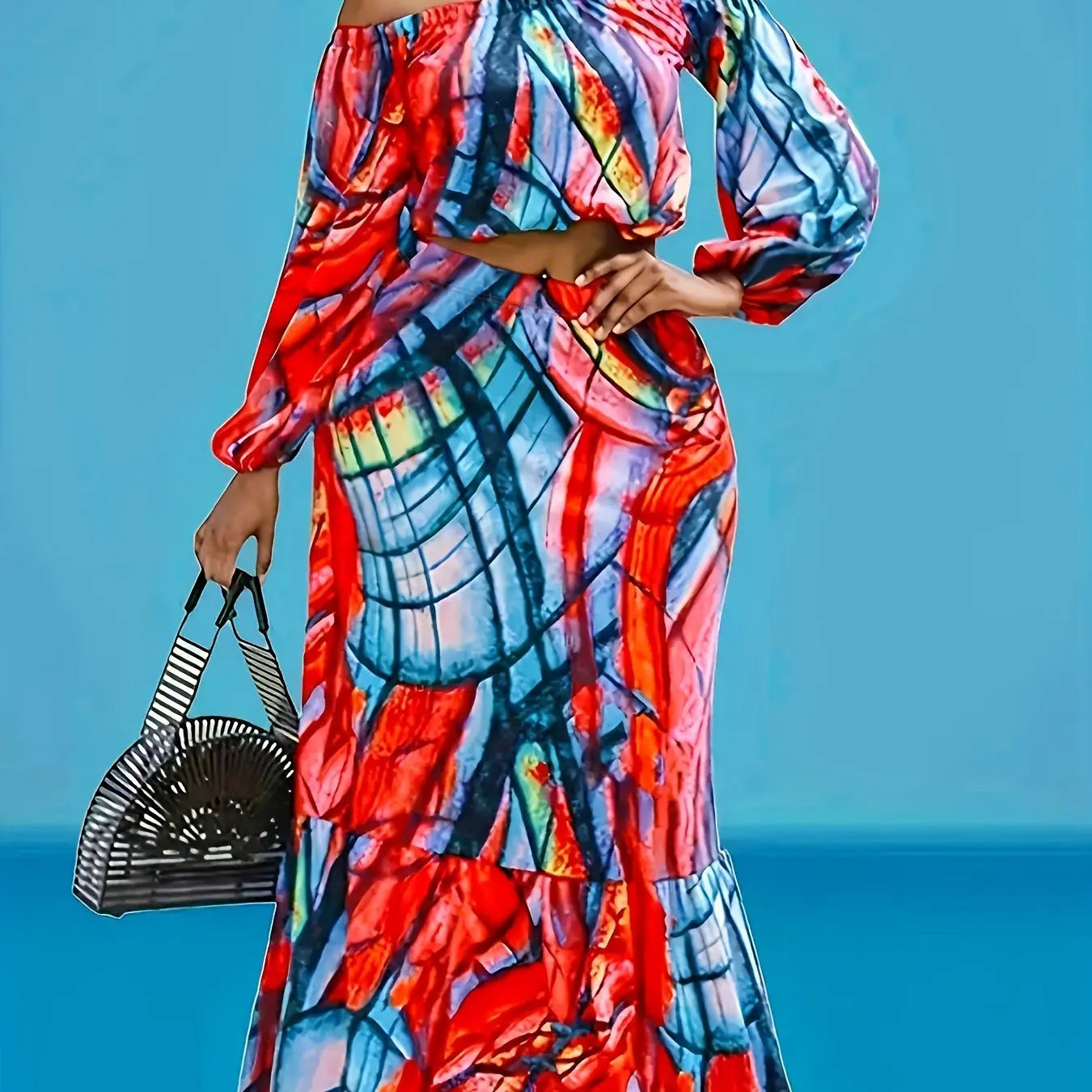 Bright Floral One-Shoulder Top and Fish Tail Skirt Set Toshe Women's Fashions