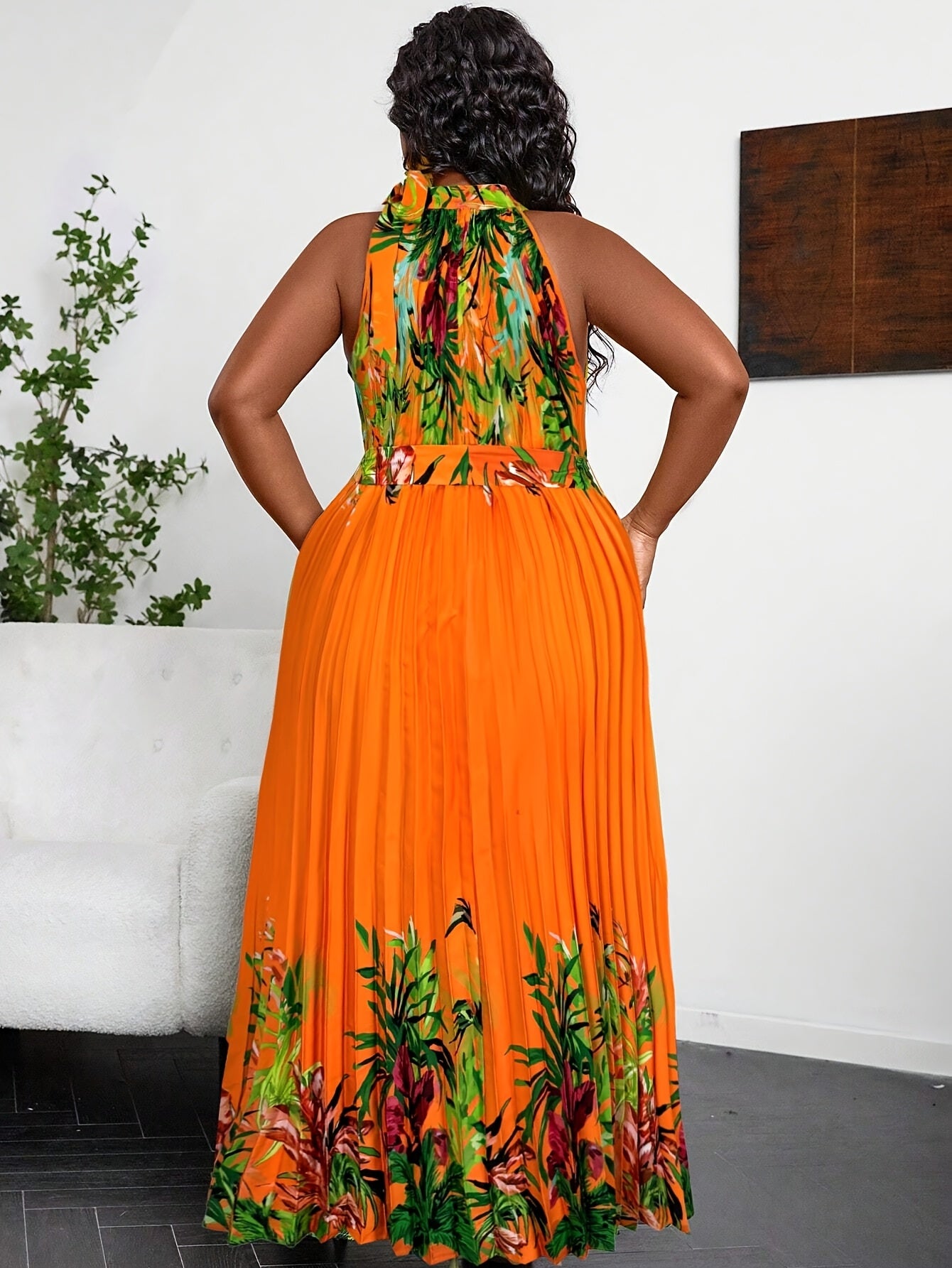 Orange Floral Print Stand Collar Pleated Dress