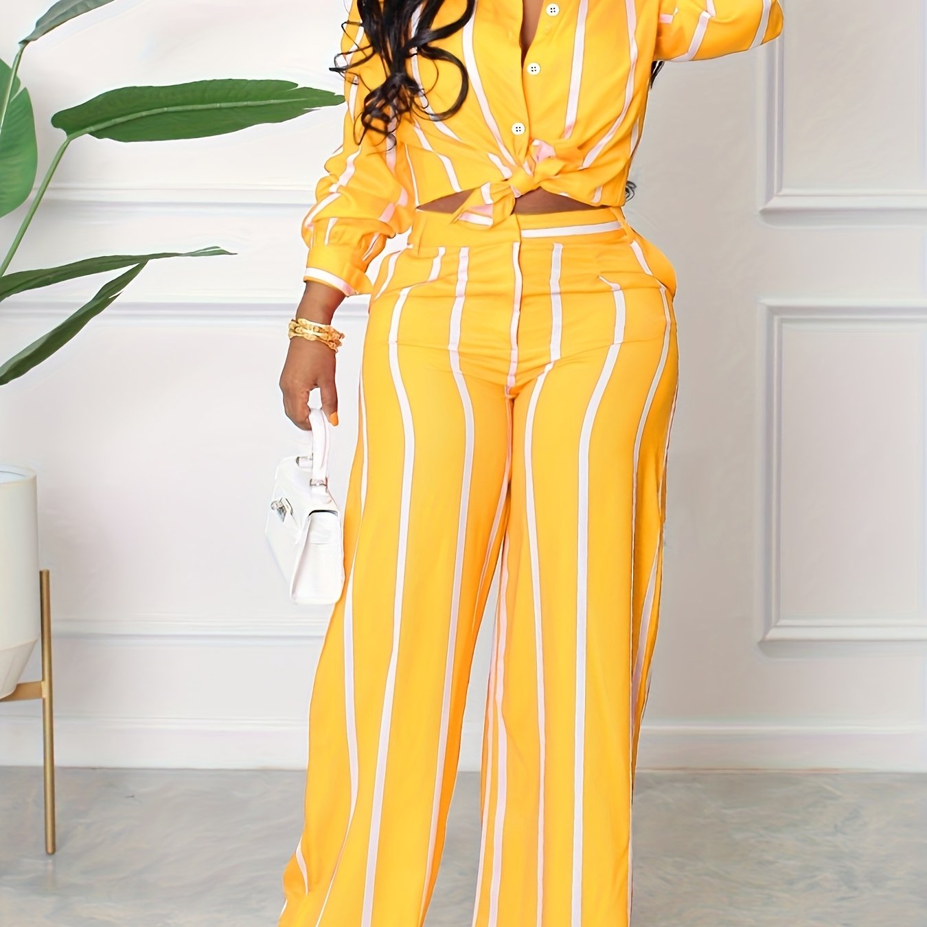 Striped Button Front Shirt with Wide-leg Trousers with Pockets