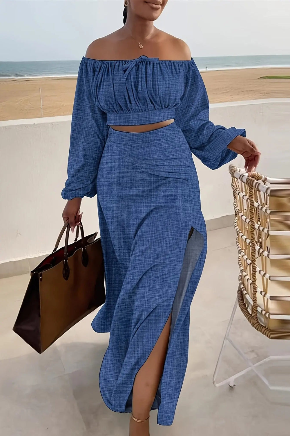 Off Shoulder Crop Top and Side Slit Skirt Set Toshe Women's Fashions