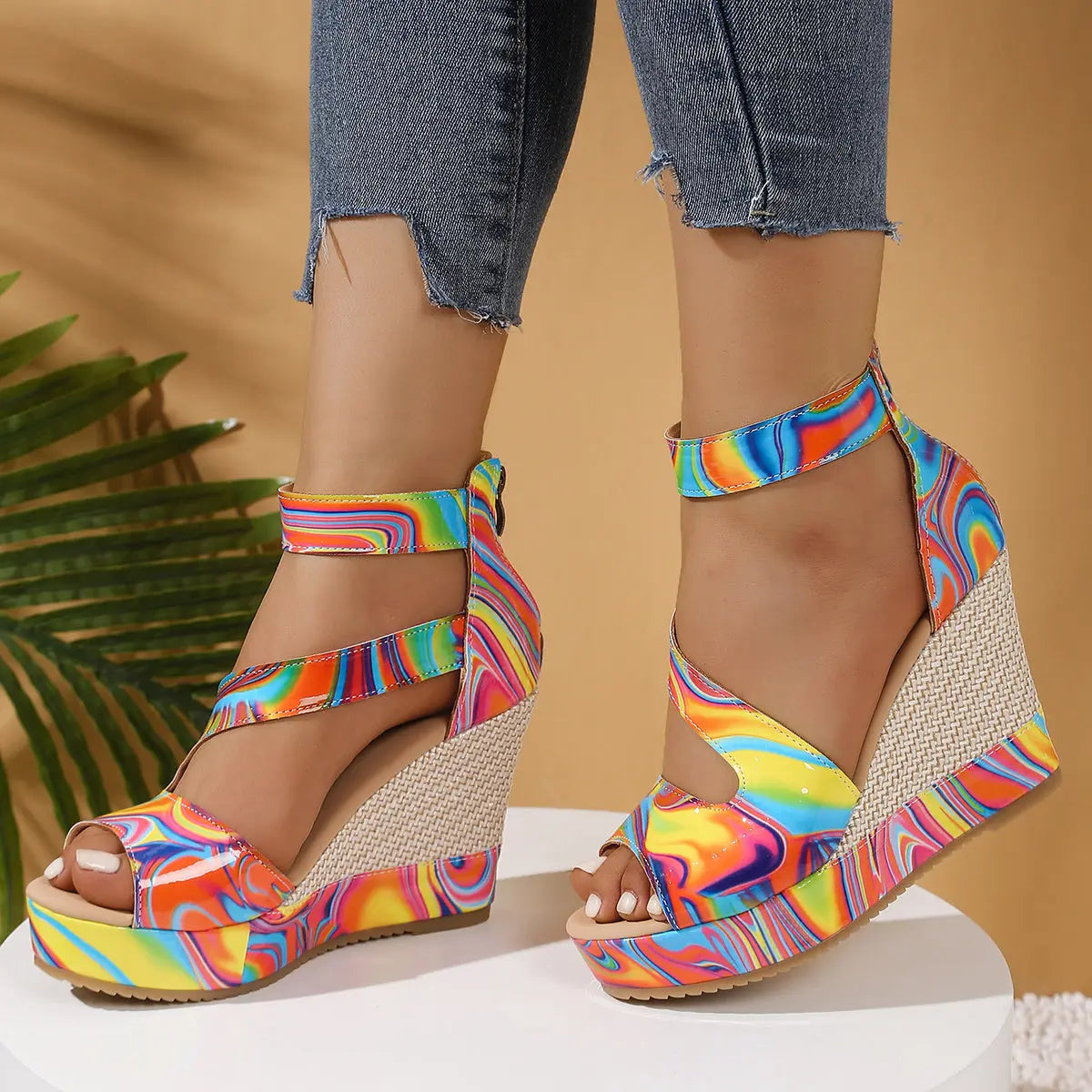 Vibrant Chunky Heel Sandals Synthetic Upper, Open Toe, Zipper Closure, Slip-Resistant Platform Footwear Toshe Women's Fashions