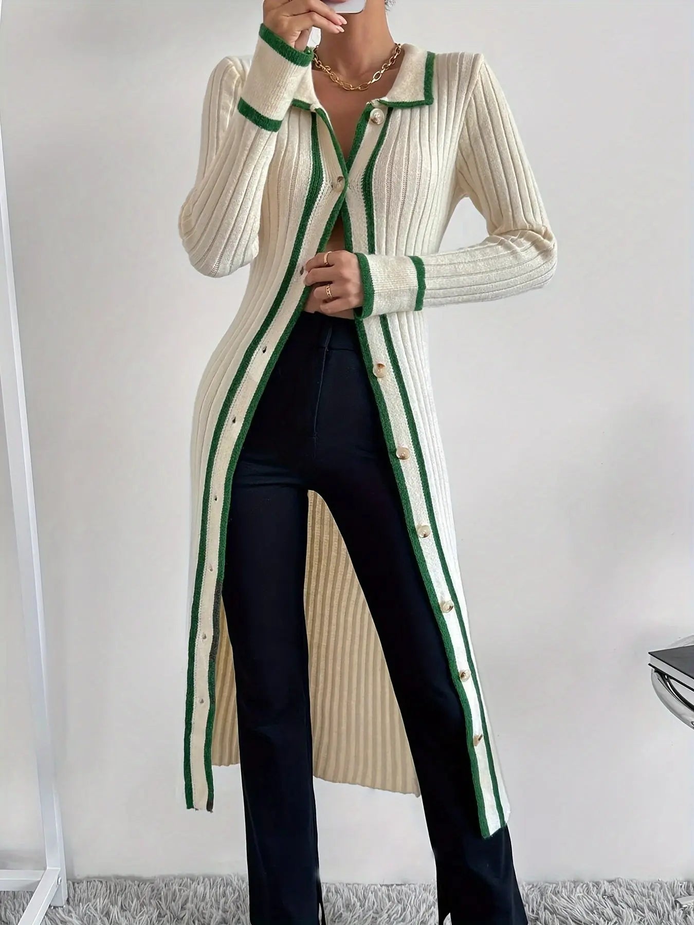 Stylish Contrast Trim Button Front Cardigan - Elegant Long Sleeve, Slim-Fit, Collar Detail, Versatile Dress Toshe Womens Fashion