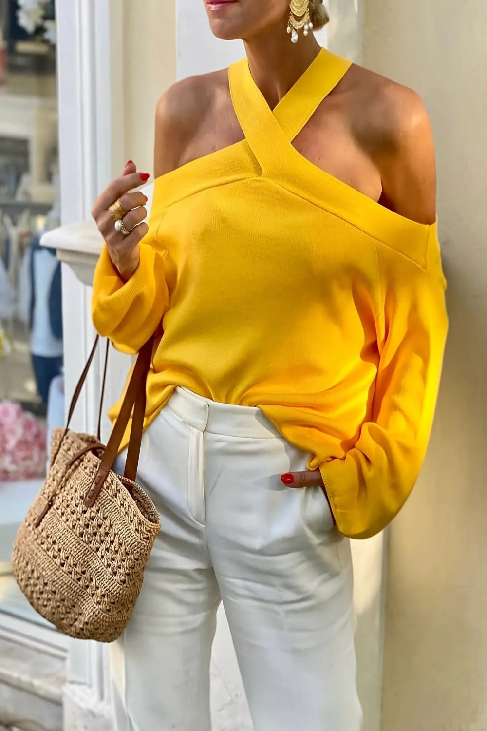 Lemon Yellow Criss Cross Cold Shoulder Top Toshe Women's Fashions