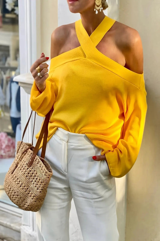 Lemon Yellow Criss Cross Cold Shoulder Top Toshe Women's Fashions