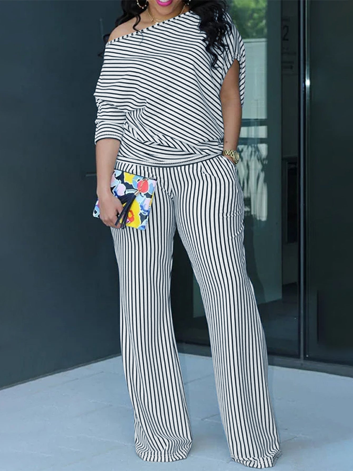 Striped Asymmetrical Neck Top & Matching Pants Set – Chic Two-Piece Outfit