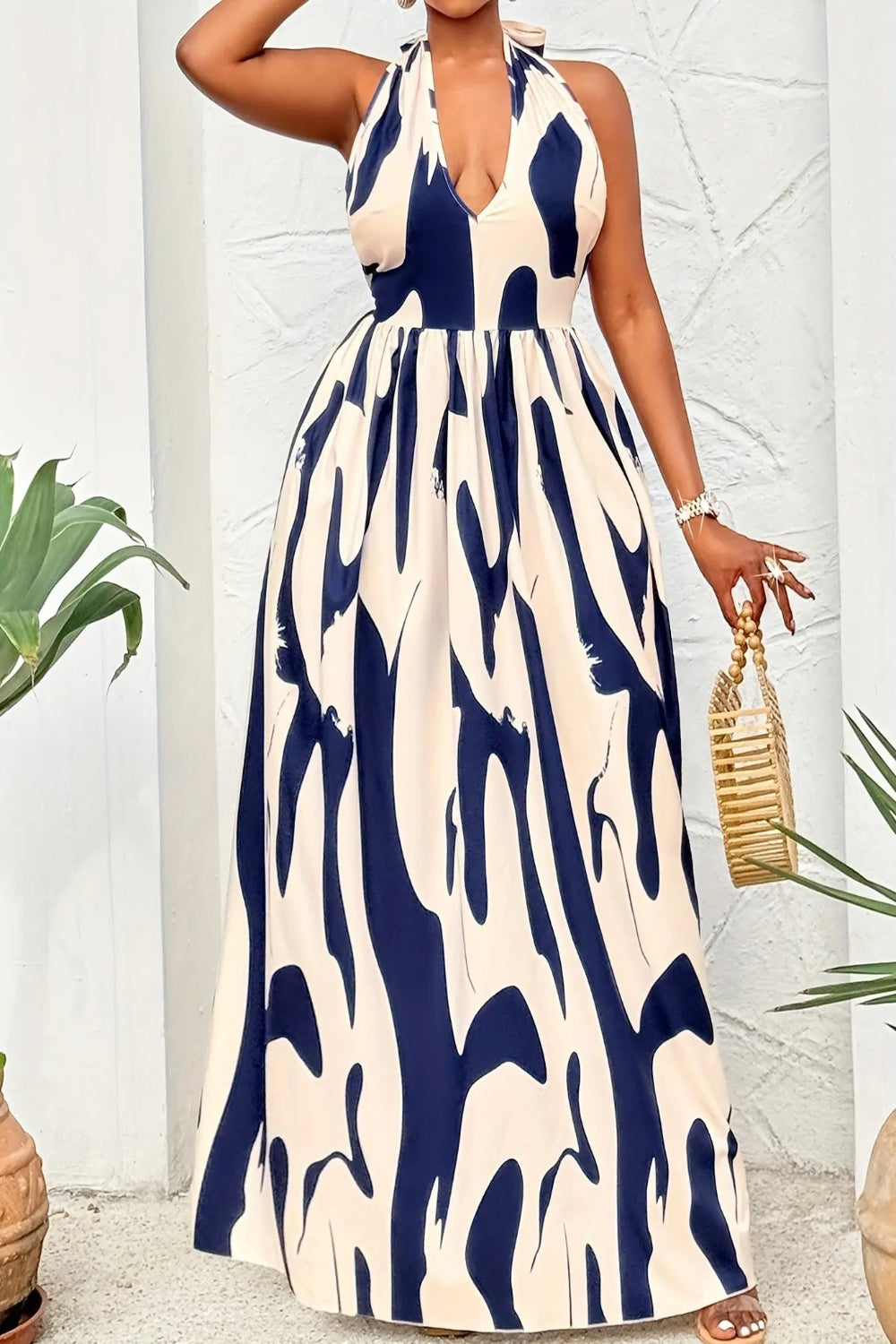 Abstract Print Halter Neck Backless Dress Toshe Women's Fashions