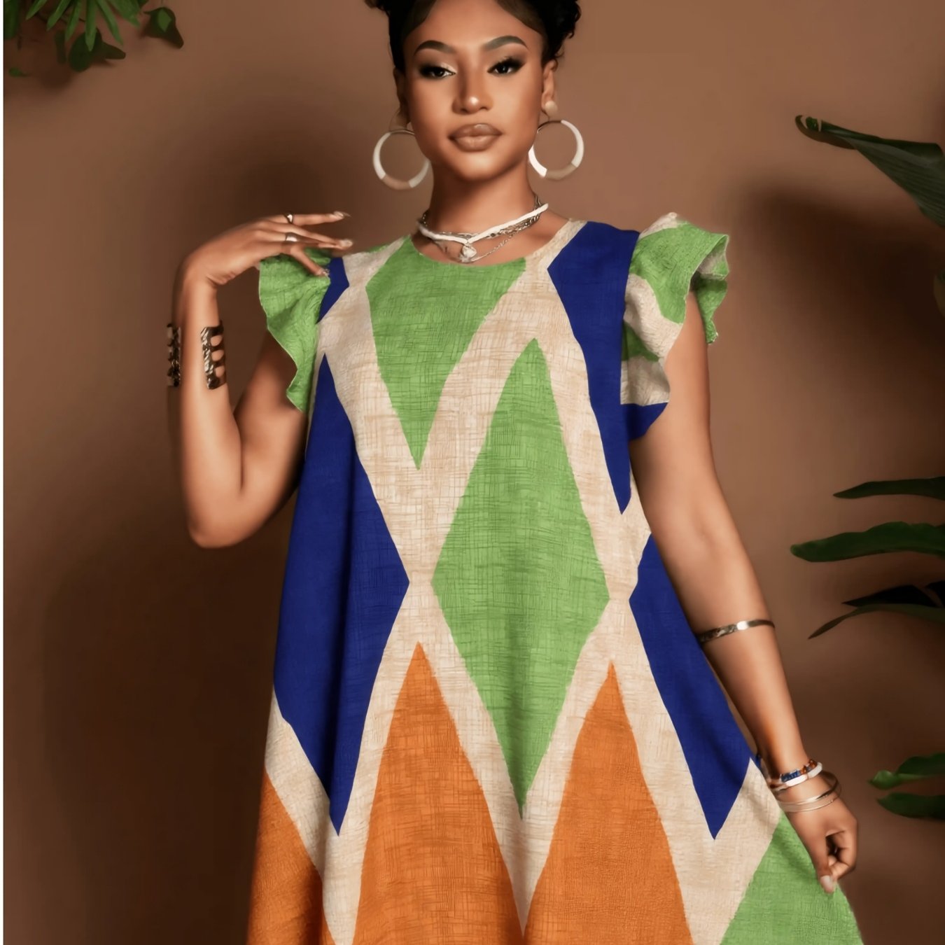 Geometric Ruffle Sleeve A-Line Mini Dress – Bold, Flowy & Flirty