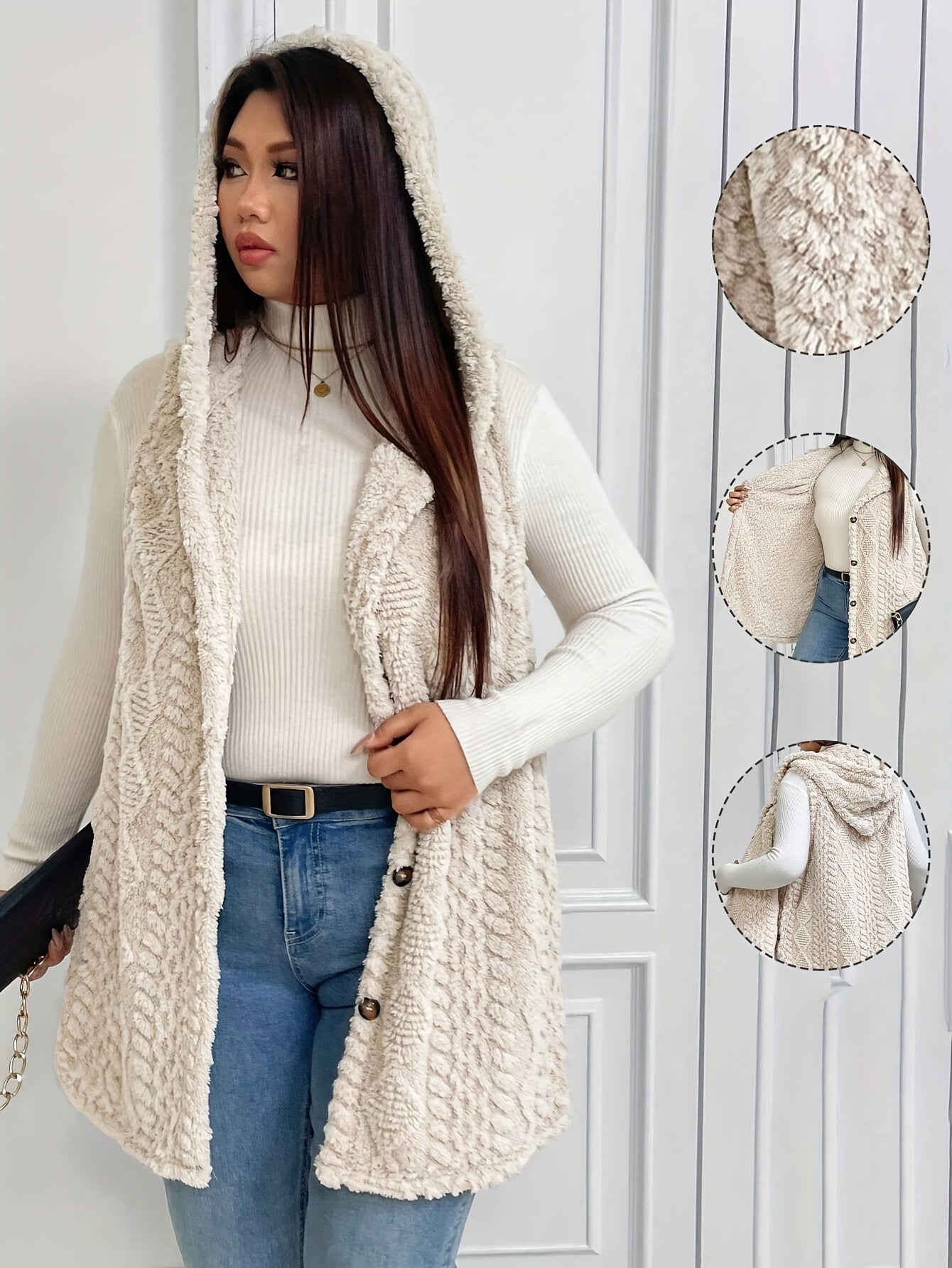 Hooded Fleece-Lined Faux Button Sleeveless Vest