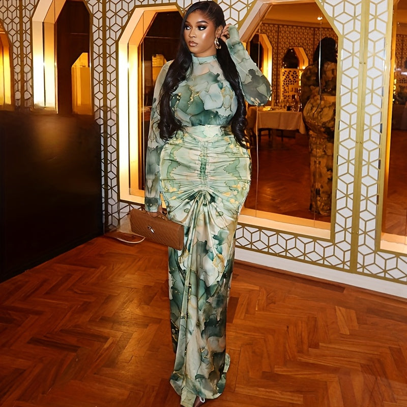 Mockneck Green Gradient Print Waist-Pleated Maxi Dress