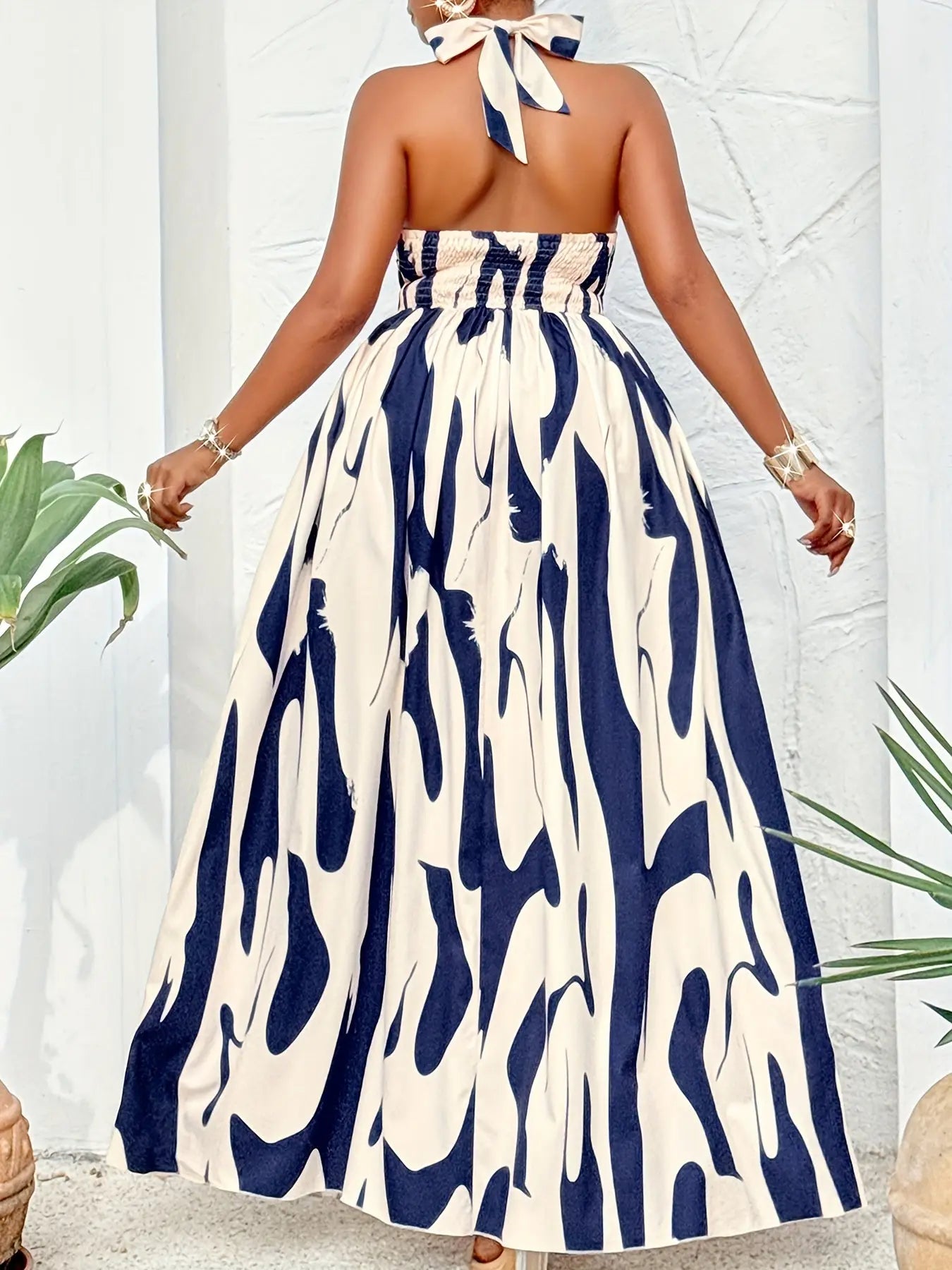 Abstract Print Halter Neck Backless Dress Toshe Women's Fashions